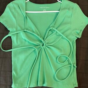 American Eagle Outfitters Green Ribbed Tie-Front Top